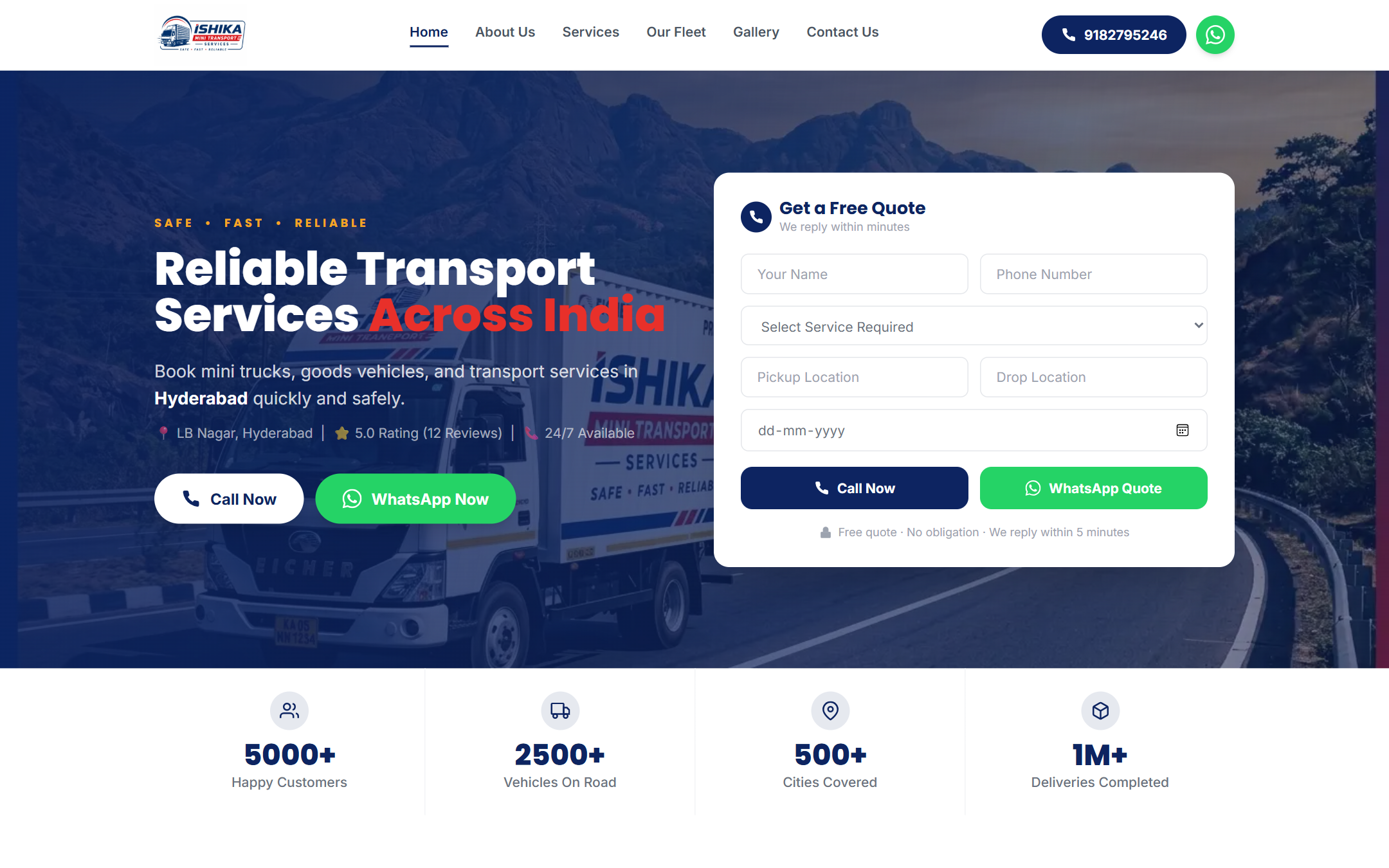 Ishika Mini Transport - Commercial Web Design by K.V.S. Manikanta (homepage Preview)